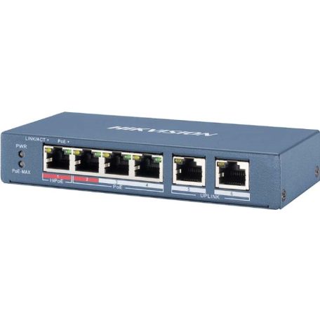 Hikvision DS-3E0106HP-E 6 portos PoE switch (60 W), 1 HiPoE + 3 PoE+(at) + 2 uplink port, nem menedzselhető