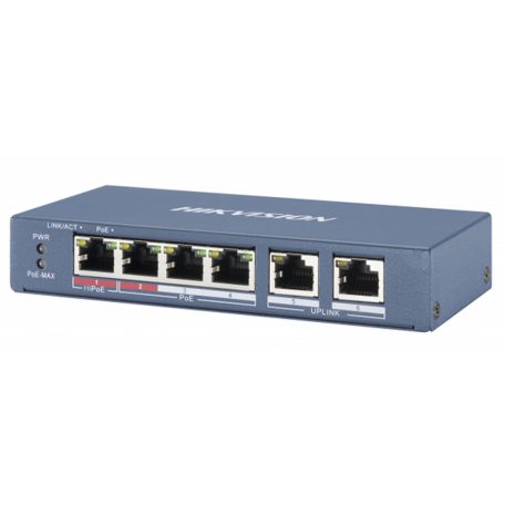 Hikvision DS-3E0106P-E/M 6 portos PoE switch (30 W), 4 PoE+ / 2 uplink port, nem menedzselhető