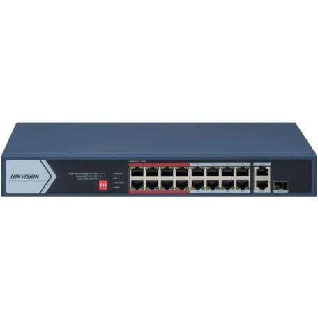 Hikvision DS-3E0318P-E/M (C) 18 portos PoE switch (130 W), 16 PoE + 1 RJ45 uplink port + 1 kombinált uplink, nem menedzselhető