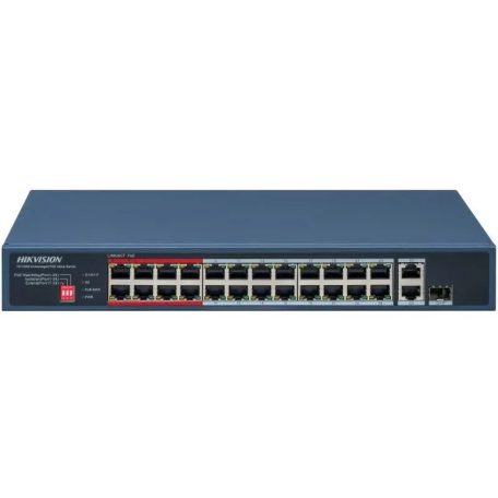 Hikvision DS-3E0326P-E/M (C) 26 portos PoE switch (230 W), 24 PoE + 1 RJ45 uplink port + 1 kombinált uplink, nem menedzselhető