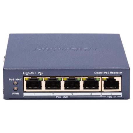 Hikvision DS-3E0505P-E/R 4 portos gigabit PoE elosztó, extender, max. 200 méter, 60 W PoE budget, 30 W max. port power