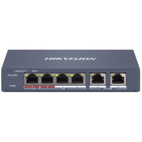 Hikvision DS-3E1106HP-EI 6 portos PoE switch (60 W), 1 HiPoE + 3 PoE+(at) + 2 uplink port, smart menedzselhető