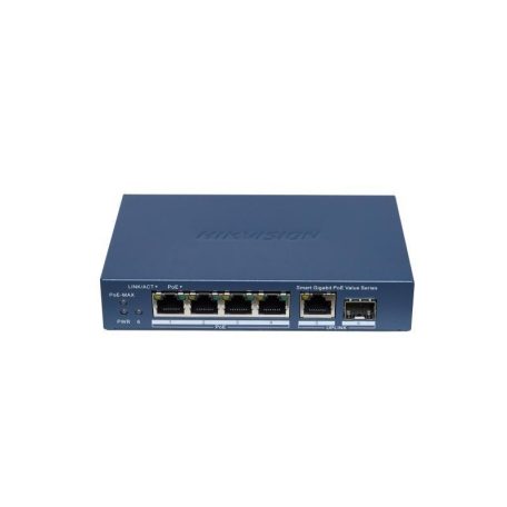 Hikvision DS-3E1506P-EI/M-4P1T1F 6 portos Gigabit PoE switch (45 W), 4 PoE + 1 RJ45 uplink port + 1 SFP uplink port, menedzselhető