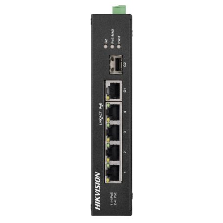 Hikvision DS-3T0306HP-E/HS 6 portos ipari PoE switch (60 W), 3 PoE+ / 1 HiPoe / 1 RJ45 + 1 SFP uplink port, nem menedzselhető