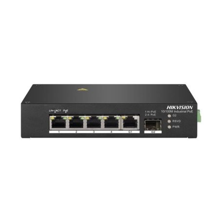 Hikvision DS-3T0306HP 6 portos ipari PoE switch (30 W), 4 PoE / 1 HiPoe / 1 RJ45 + 1 SFP uplink port, nem menedzselhető