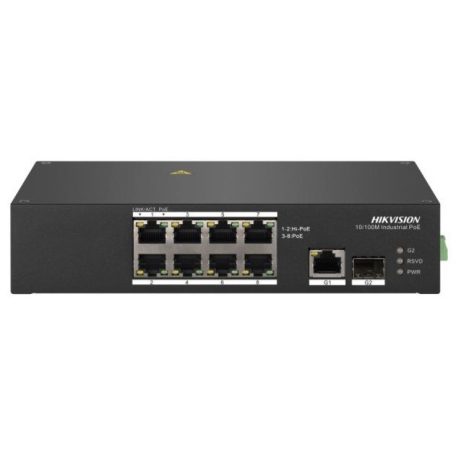 Hikvision DS-3T0310HP 10 portos ipari PoE switch (110 W), 6 PoE / 2 HiPoE / 1 RJ45 + 1 SFP uplink port, nem menedzselhető