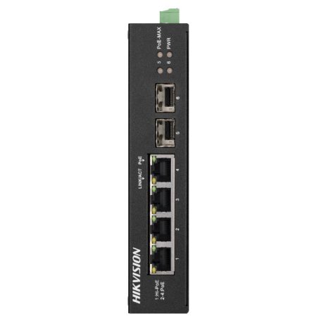 Hikvision DS-3T0506HP-E/HS 6 portos ipari Gbit PoE switch (60 W), 3 PoE+ / 1 HiPoe / 2 SFP uplink port, nem menedzselhető