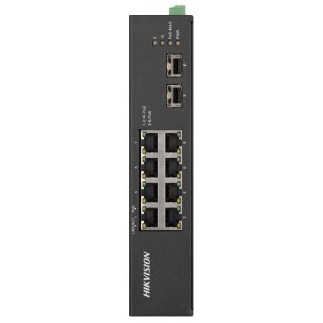 Hikvision DS-3T0510HP-E/HS 10 portos ipari Gbit PoE switch (110 W), 6 PoE+ / 2 HiPoE / 2 SFP uplink port, nem menedzselhető