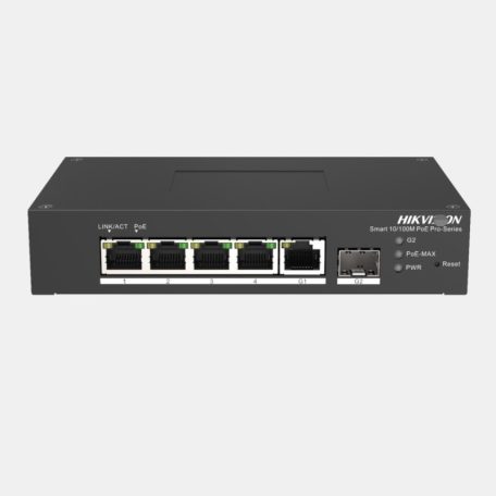 Hikvision DS-3T1306P-SI/HS 6 portos ipari 10/100 PoE switch (60 W), 4 PoE / 1 RJ45 + 1 SFP uplink port, menedzselhető