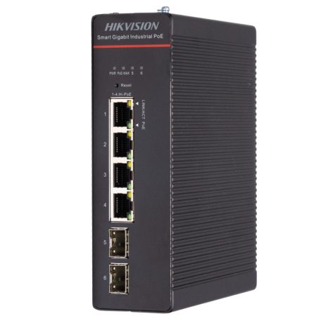 Hikvision DS-3T1506HP-SI-4P2F/No Power 6 portos ipari PoE switch (300 W), 4 PoE+/ 2 SFP uplink, menedzselhető, táp nélkül