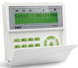 Satel INT-KLCD-GR LCD kezelő INTEGRA központokhoz, lenyíló billentyűzetvédővel, zöld háttérfény és kijelző
