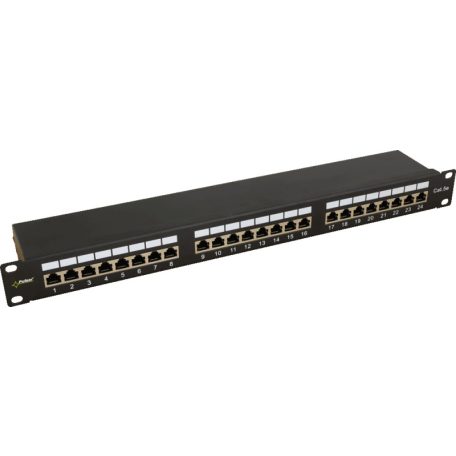 Pulsar RP-F24V5 19 patch panel, 24 port, cat5e, árnyékolt, tehermentesítővel, 90 fokos modulok