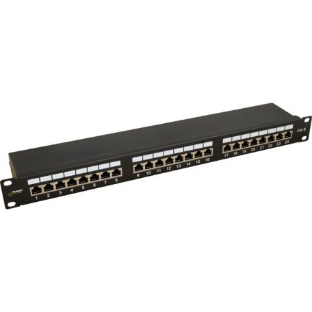 Pulsar RP-F24V6 19 patch panel, 24 port, cat6, árnyékolt, tehermentesítővel, 90 fokos modulok