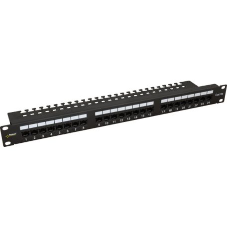 Pulsar RP-U24V5 19 patch panel, 24 port, cat5e, árnyékolatlan, tehermentesítővel, 90 fokos modulok