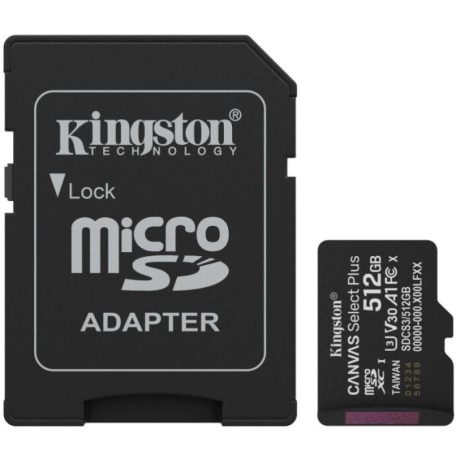 Kingston SDCS3/512GB 512GB microSD kártya, microSDXC, UHS-I Speed Class, U3, V30, adapterrel