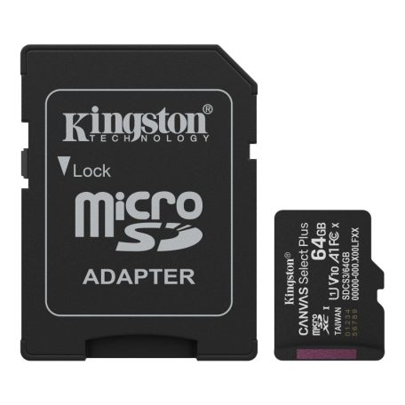 Kingston SDCS3/64GB 64GB microSD kártya, microSDXC, UHS-I Speed Class, U1, V10, adapterrel